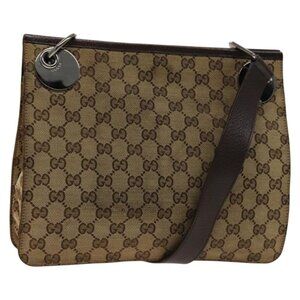Authentic GUCCI GG Canvas Shoulder Bag Beige Silver 120841